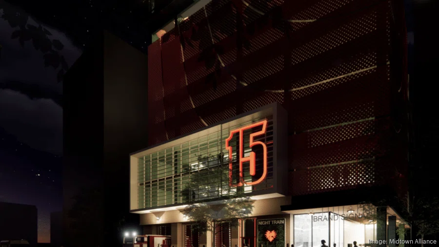Conceptual rendering of Fire Station 15 at night.