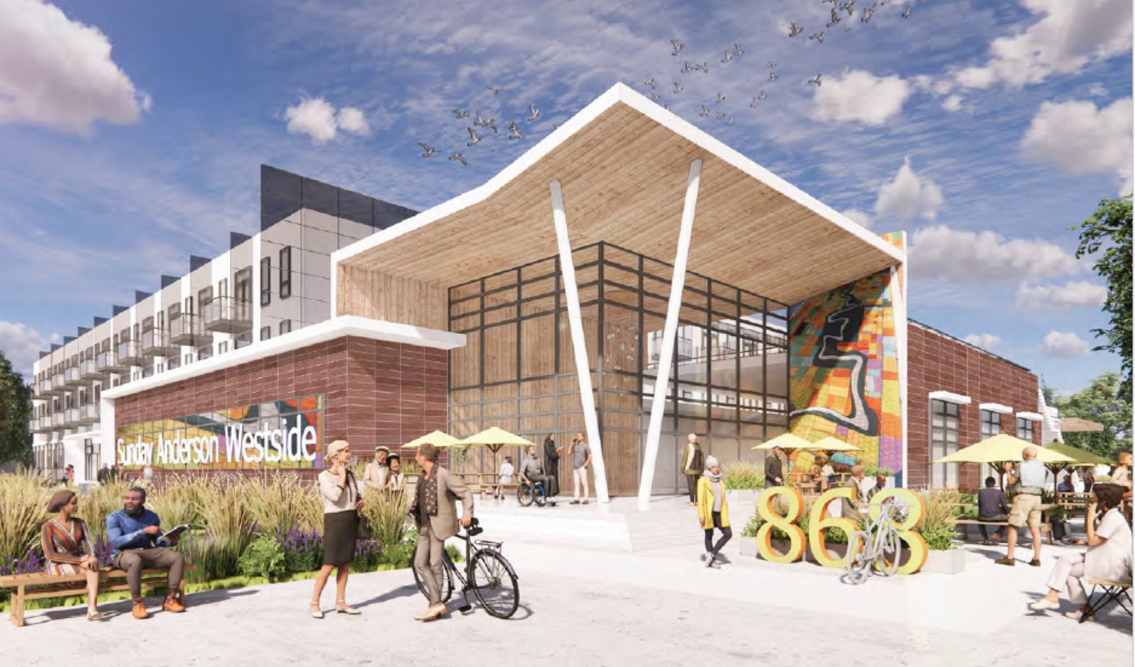 People gather in the plaza outside a timber-canopied community building with apartments above it, in an architectural rendering of the Sunday Anderson Westside development in Salt Lake City.